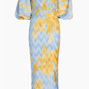 Elegant Floral Long Sleeve Dress - Blue and Yellow